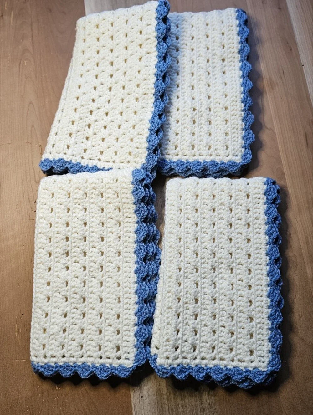 Handmade Crochet Placemats Set Of 4 Scalloped Edge Cream Blue